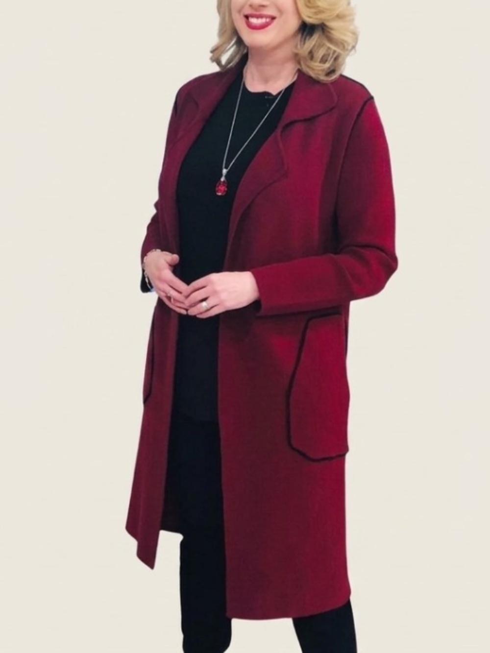Brian Bailey Cardigan Coat Ruby Red Knit Duster Contrast Trim XXL - New